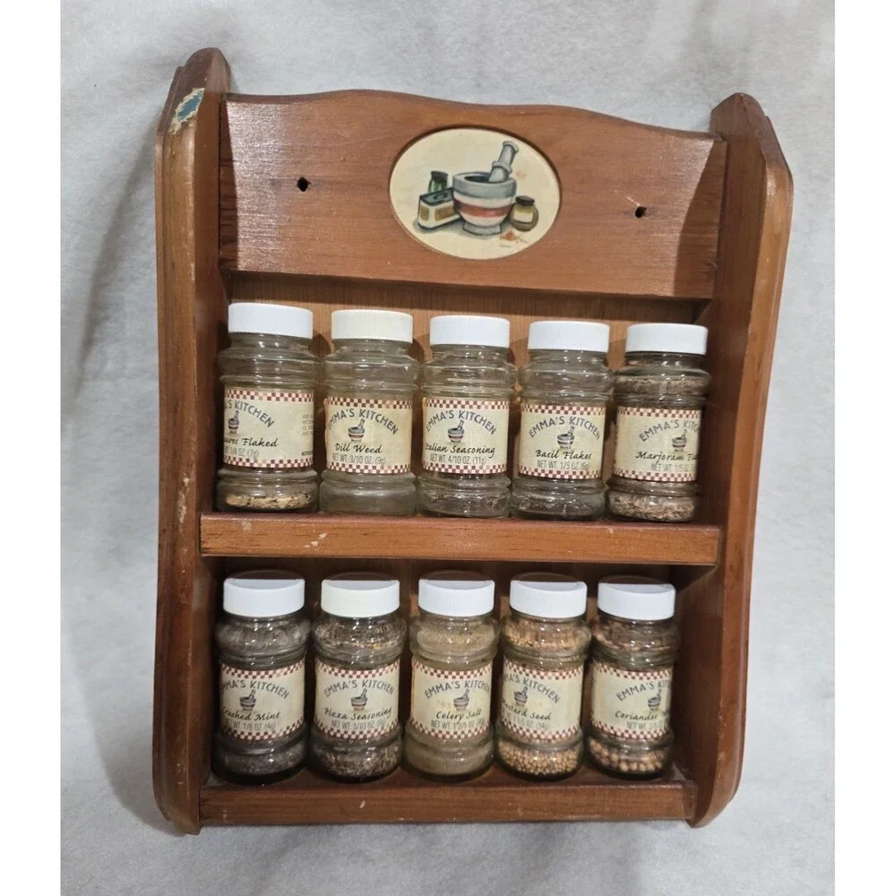 Vintage Emma's Kitchen Wooden Spice Rack 2 Tier Wall Mount 10 Glass Jars MCM